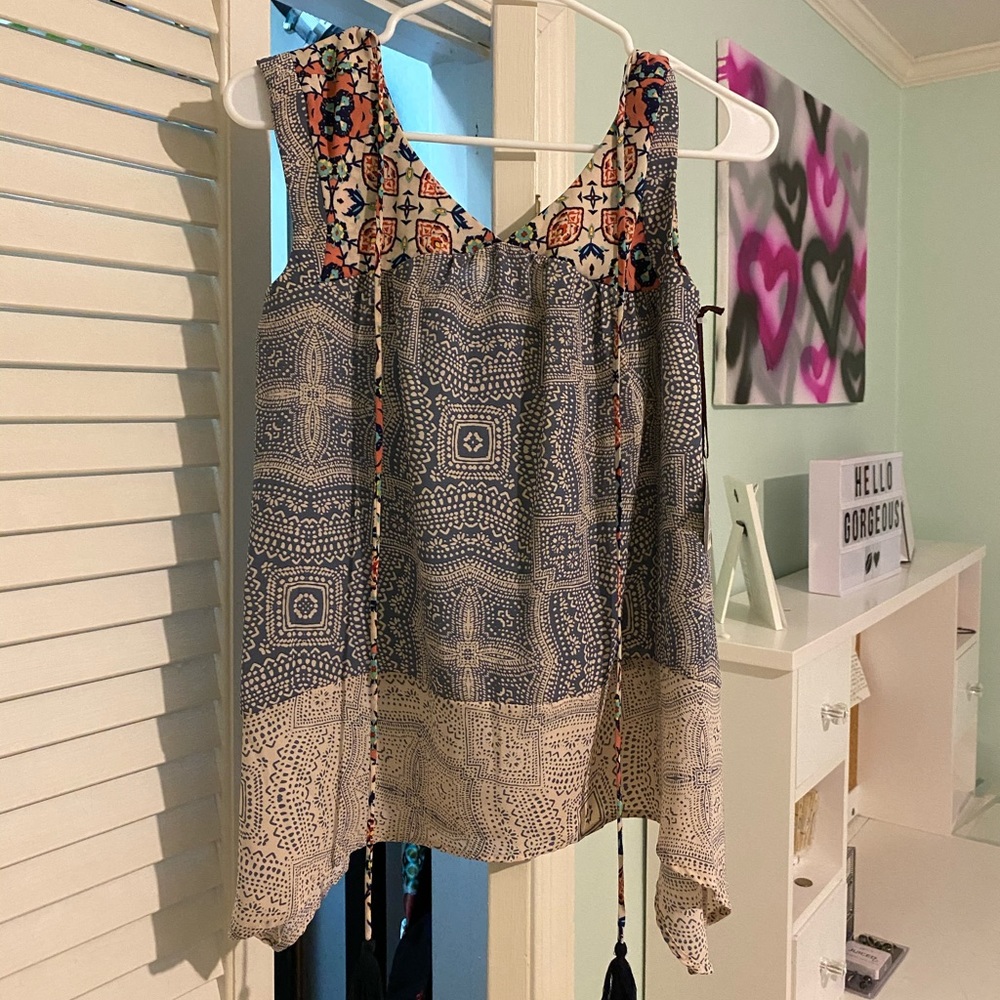 Patterned V-Neck Top with Tassels